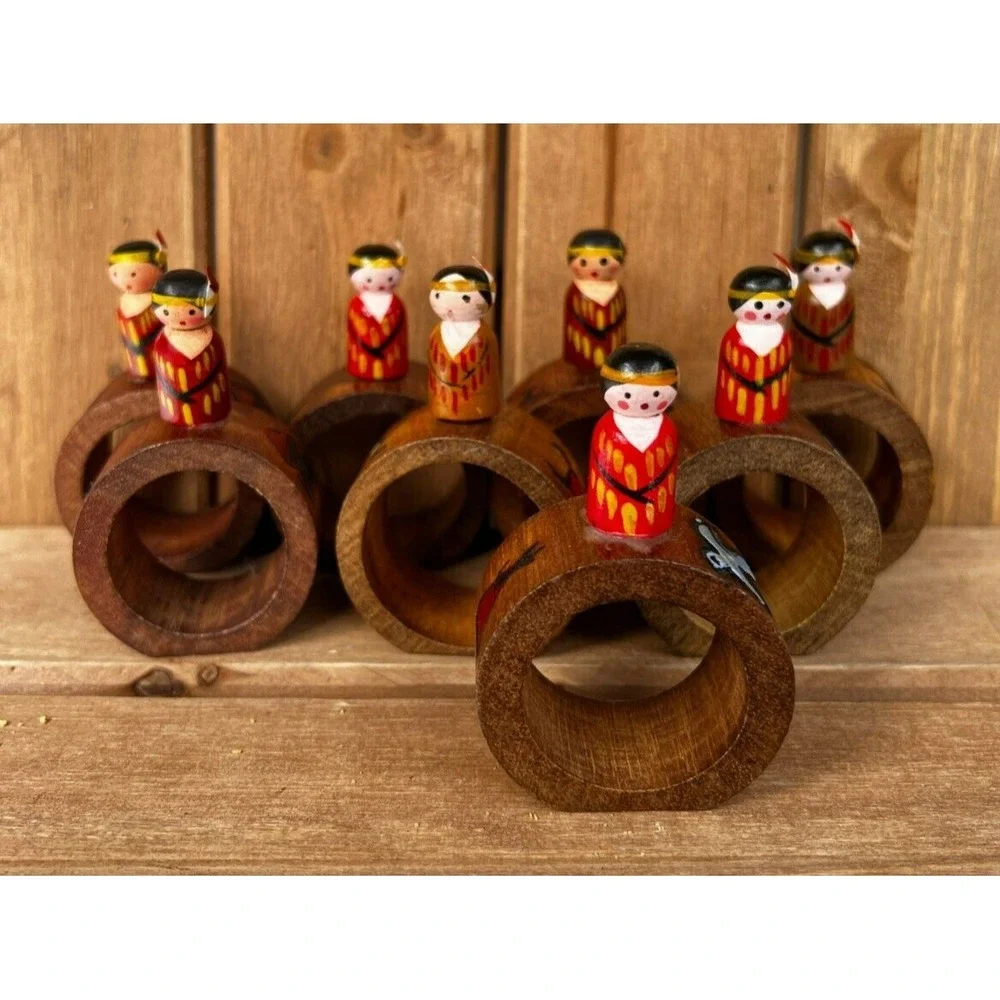 Native American Indian Style Wood Napkin ~ Rings Set of 8 ~ Carved Hand-Painted